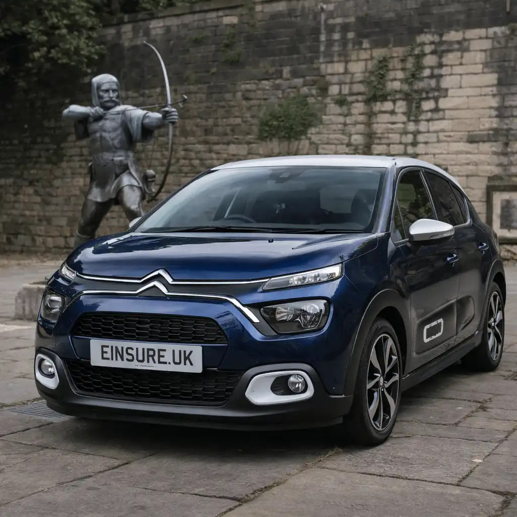 Citroen parked near Robin Hood statue in Nottingham