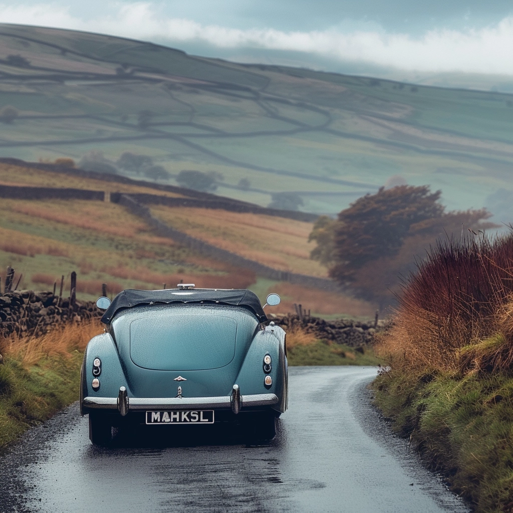 Classic car on a country road in the Peak District, Derbyshire