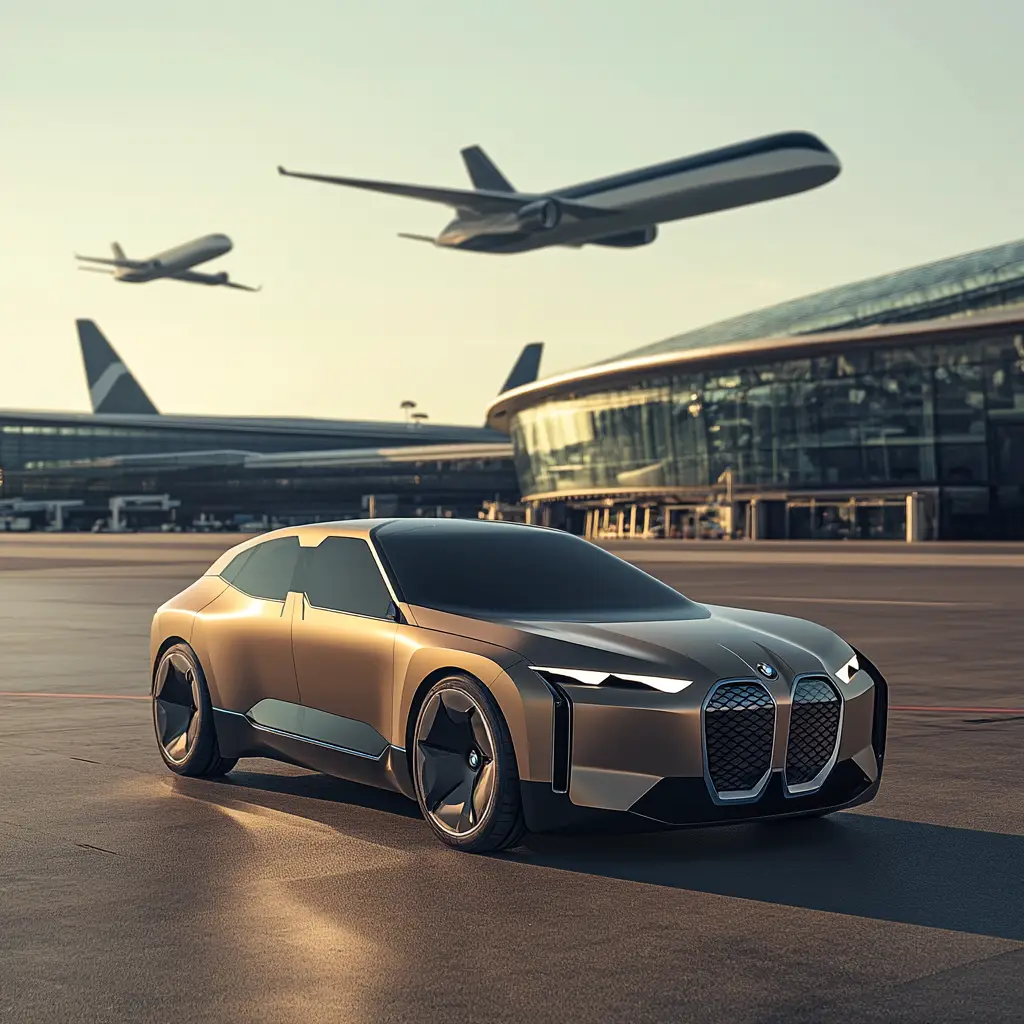 Modern BMW style car parked in front of an Airport terminal with airplanes flying in the sky