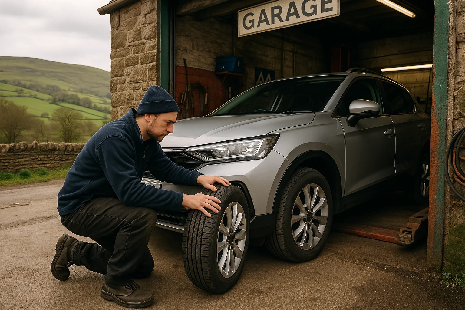 Tyre Fitter at a garage examining the tread
