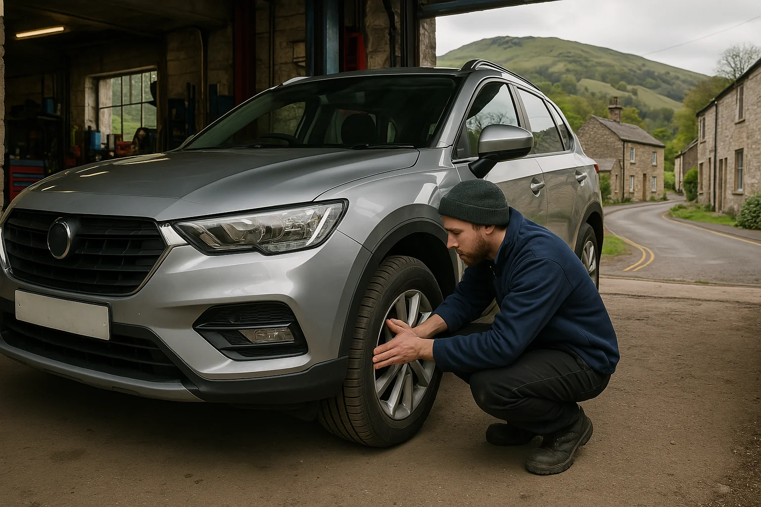 Tyre Fitter checking the tyre health on a car in a small independent garage
