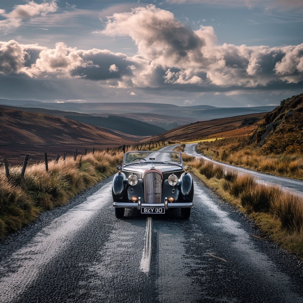 Classic car on a road in the Peak District