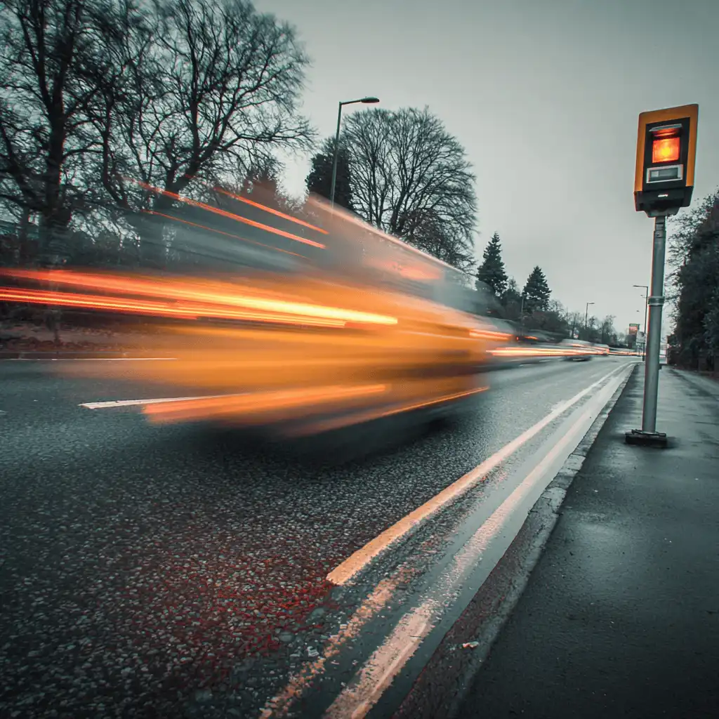 Car going fast past a speed camera