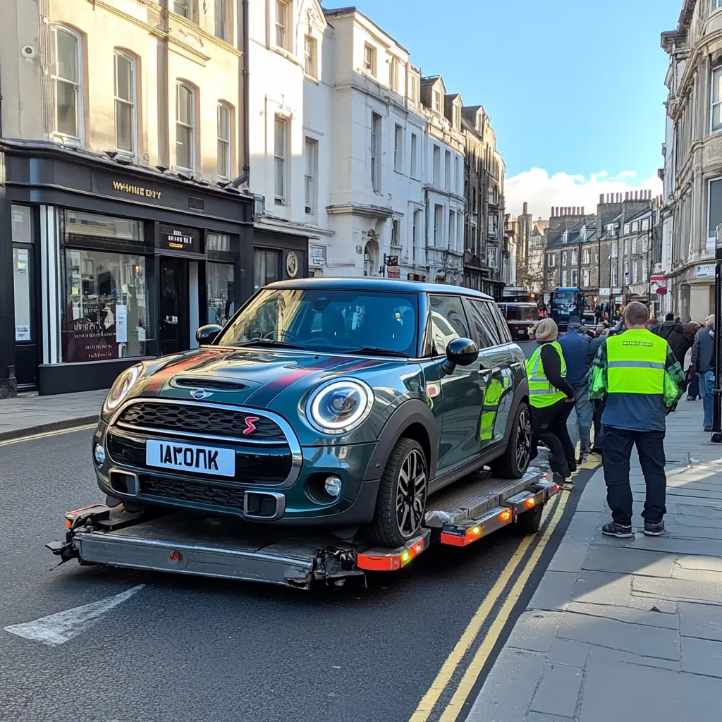 Mini on the back of a tow truck and heading to an impound