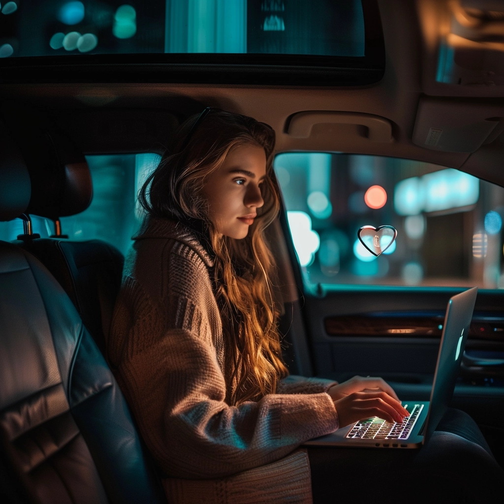 Lady working on a laptop in the back of a car