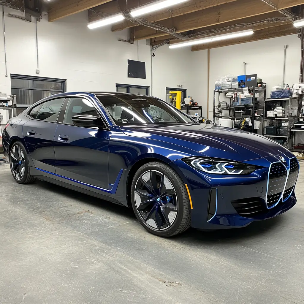 BMW i4 in navy blue sat in a repair shop