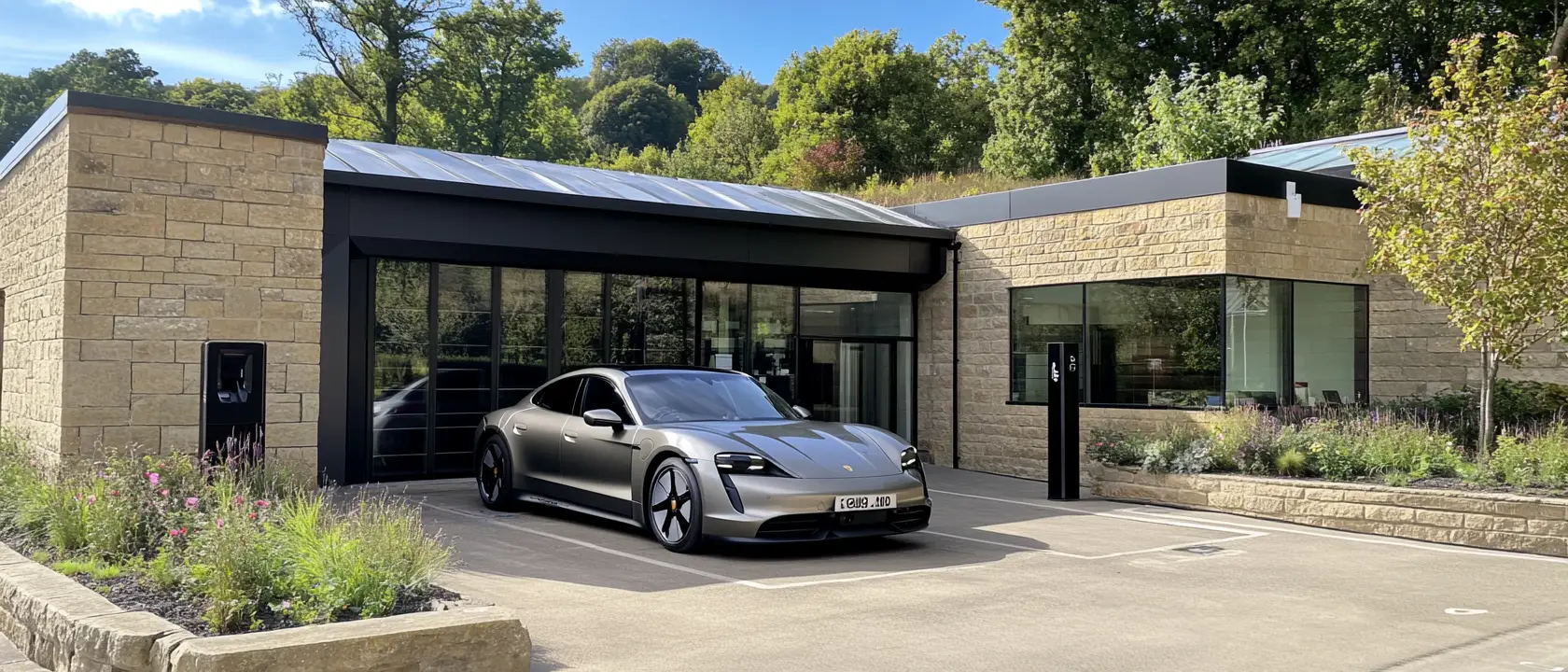 Porsche Taycan parked outside a house in the Peak District
