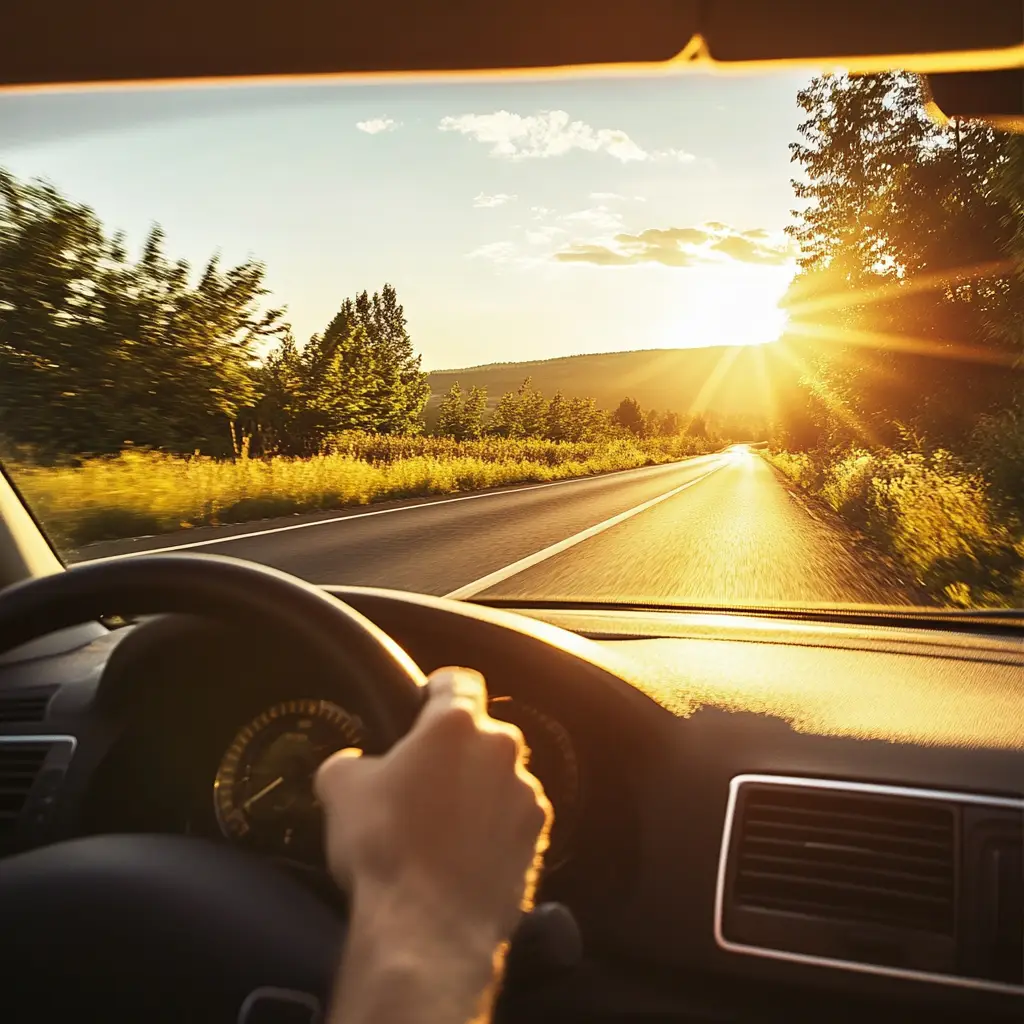 Driving a car in the summer down a road